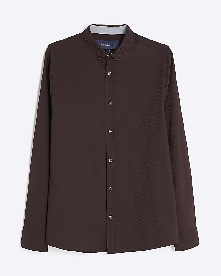 river island Brown Muscle Fit Textured Shirt