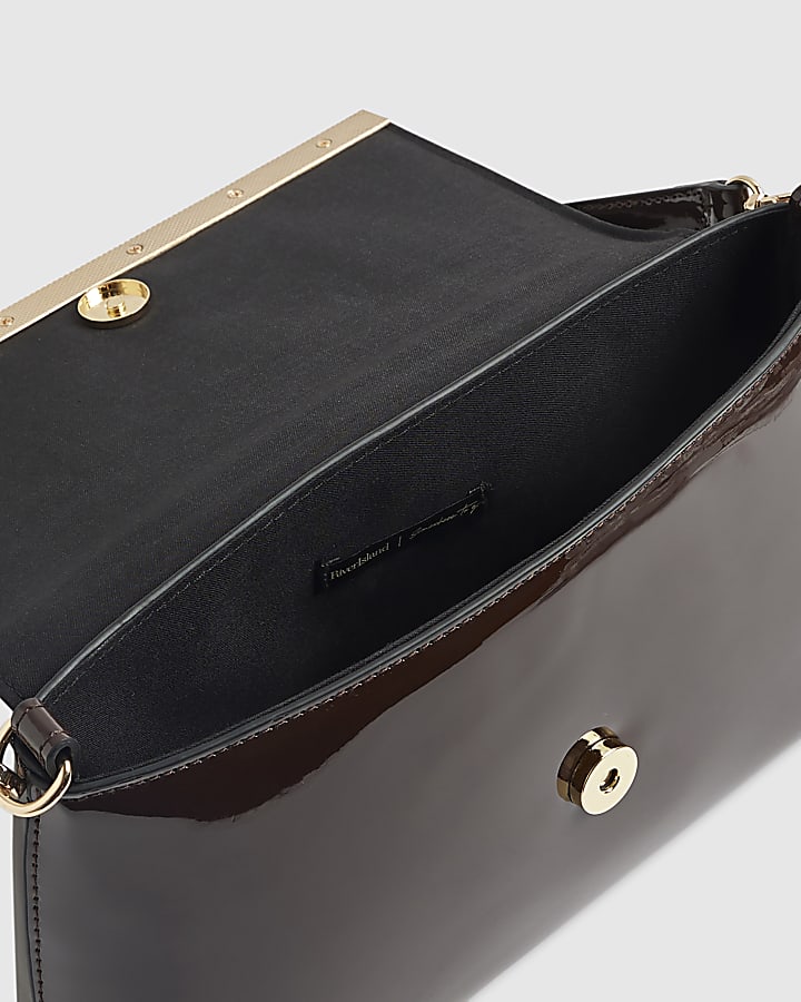 river island Brown Patent Bar Front Clutch Bag