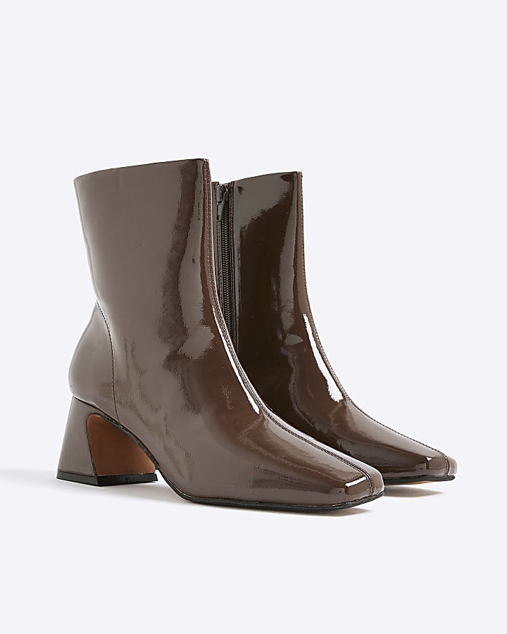 River Island Brown Patent Block Heel Ankle Boots