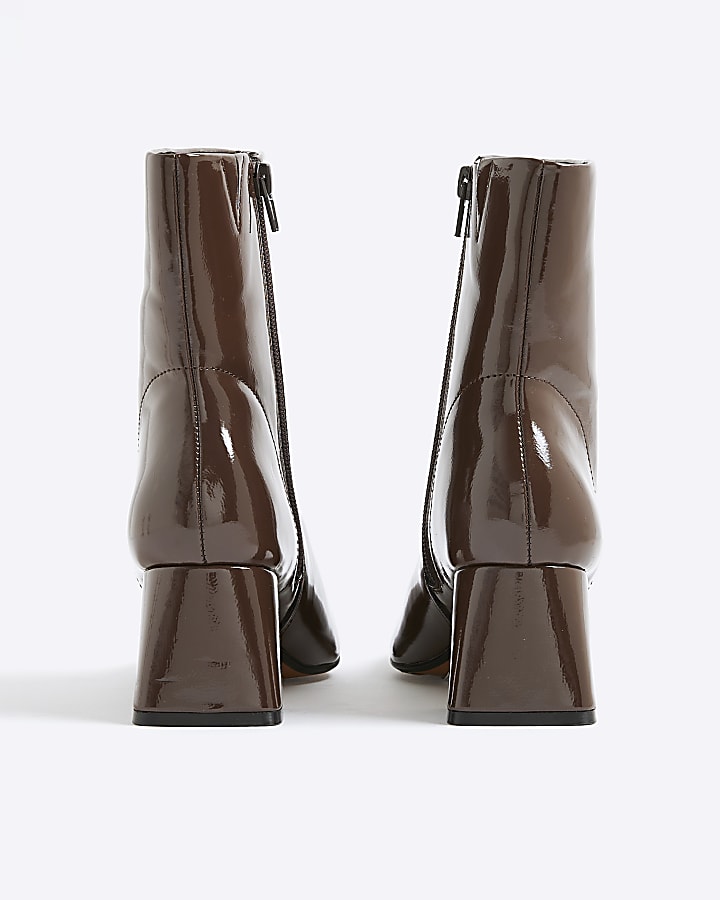 River Island Brown Patent Block Heel Ankle Boots