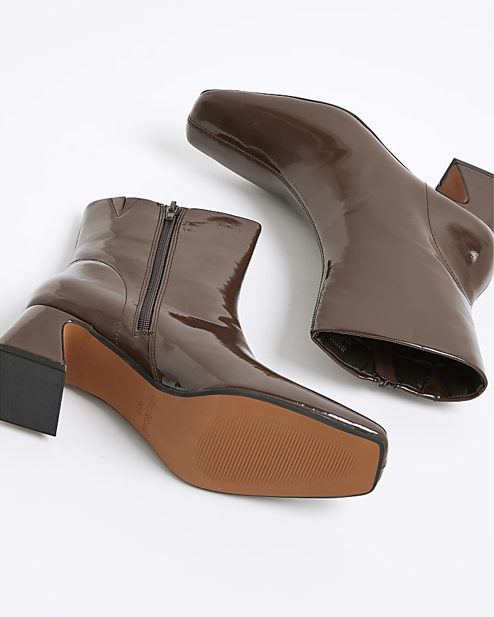 River Island Brown Patent Block Heel Ankle Boots