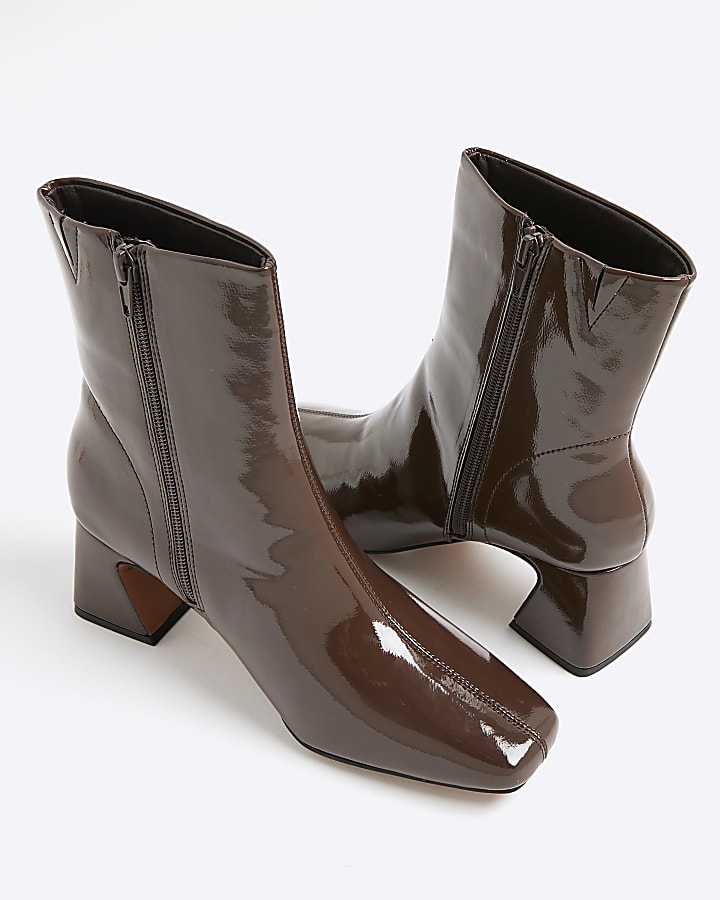 river island Brown Patent Block Heel Ankle Boots