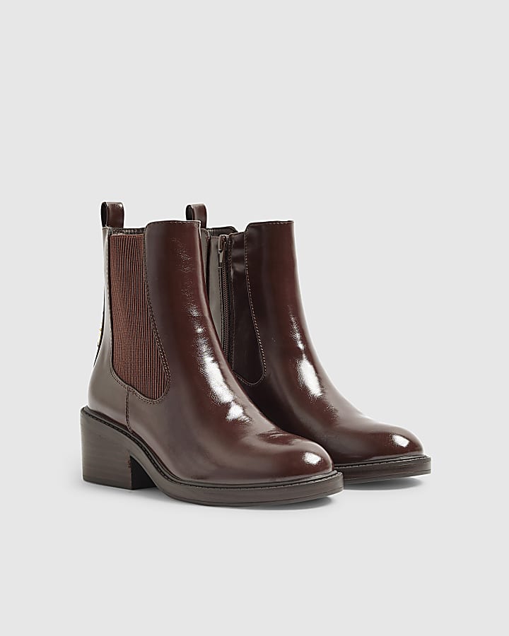 River Island Brown Patent Chelsea Boots