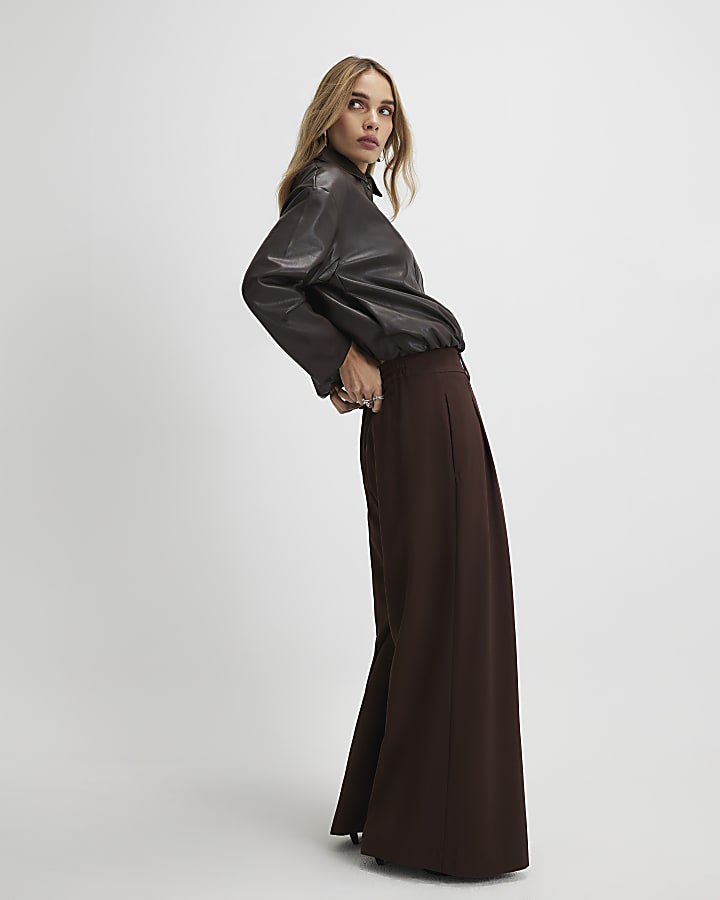 River Island Brown Pleated Wide Leg Trousers