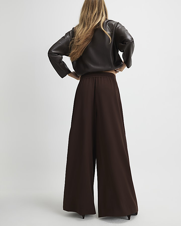 River Island Brown Pleated Wide Leg Trousers