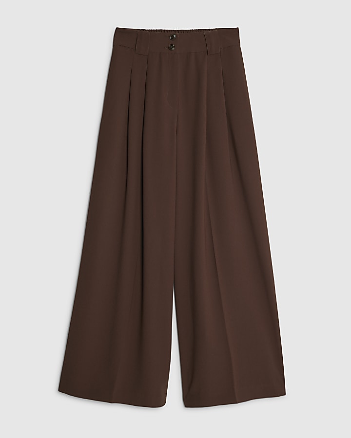 river island Brown Pleated Wide Leg Trousers