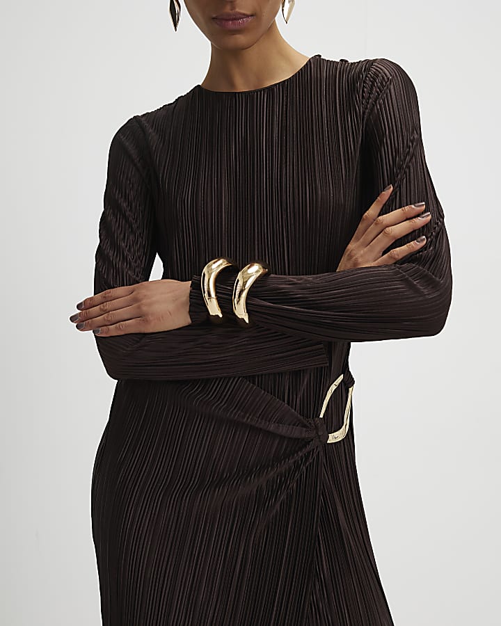 River Island Brown Plisse Buckle Detail Midi Dress