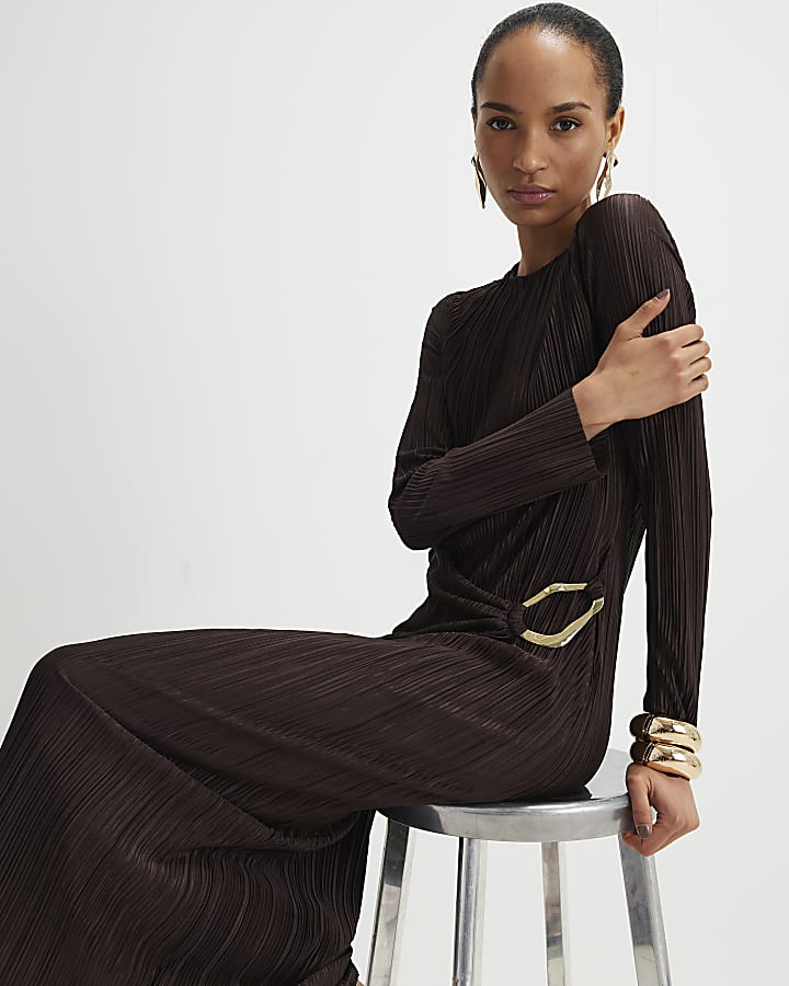 River Island Brown Plisse Buckle Detail Midi Dress