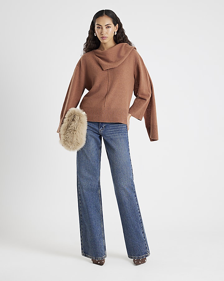 River Island Brown Premium Wool Scarf Wrap Jumper