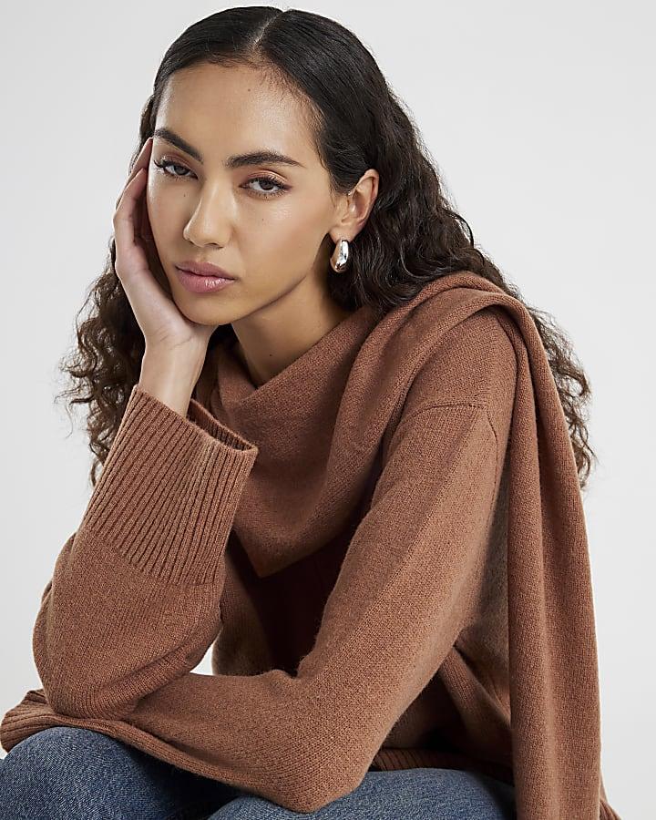 River Island Brown Premium Wool Scarf Wrap Jumper