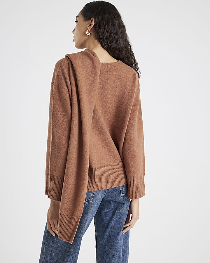 River Island Brown Premium Wool Scarf Wrap Jumper