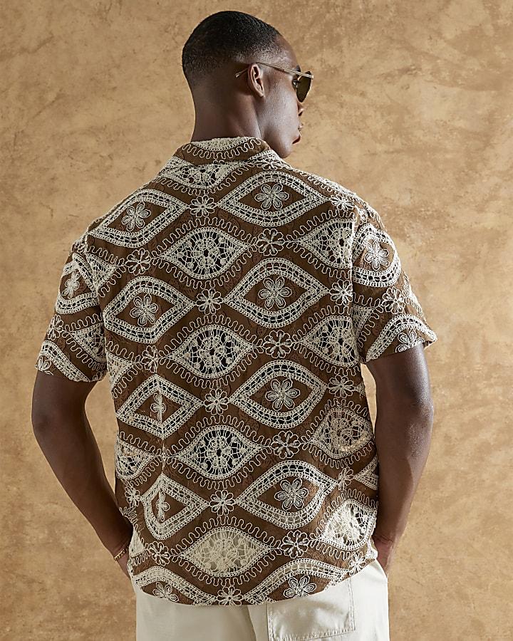 river island Brown Regular Fit Eye Crochet Shirt