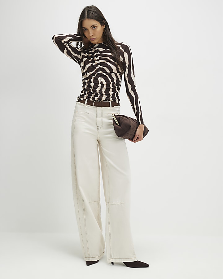 River Island Brown Ruched Wavy Print Mesh Top