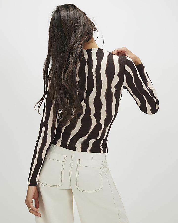 River Island Brown Ruched Wavy Print Mesh Top