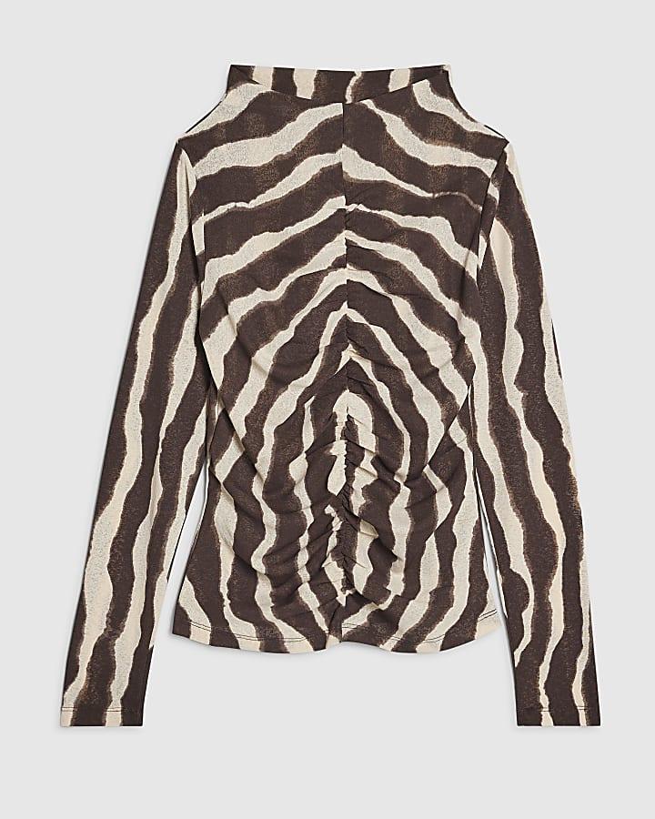 river island Brown Ruched Wavy Print Mesh Top