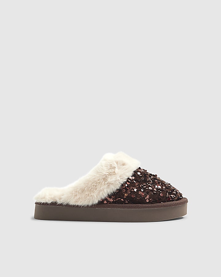 River Island Brown Sequin Mule Slippers