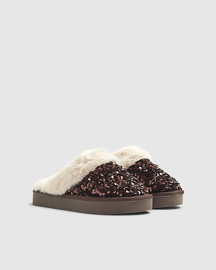 River Island Brown Sequin Mule Slippers