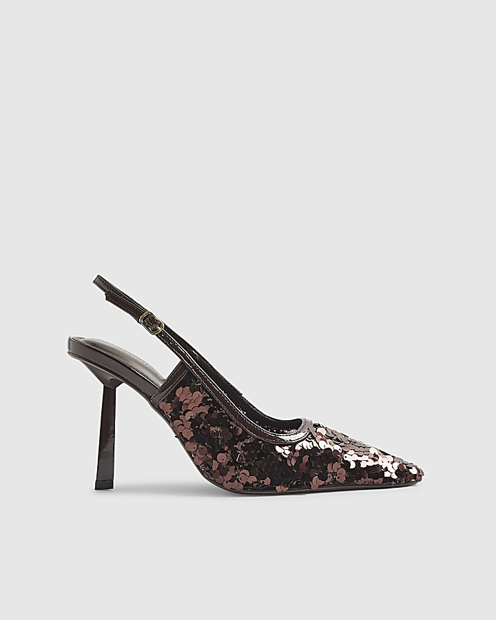 River Island Brown Sequin Slingback Court Heels