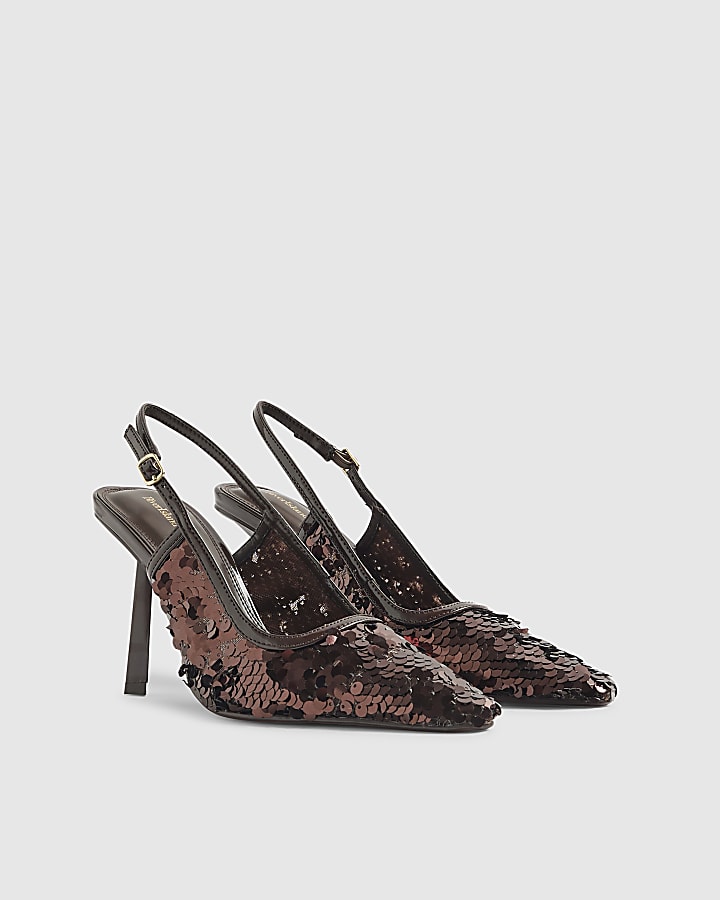 River Island Brown Sequin Slingback Court Heels
