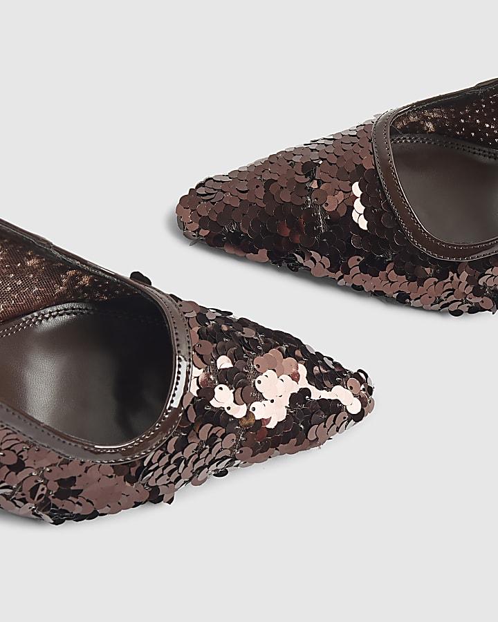 river island Brown Sequin Slingback Court Heels