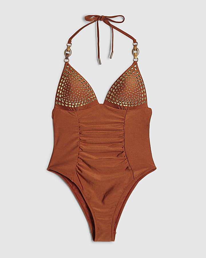 river island Brown Shaping Stud Swimsuit