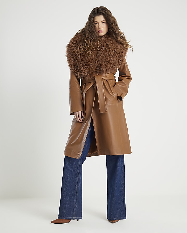 River Island Brown Shearling Collar Leather Coat