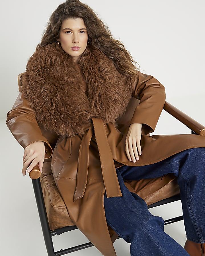 River Island Brown Shearling Collar Leather Coat