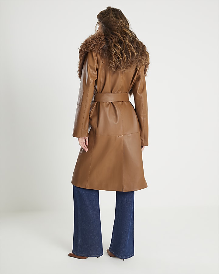 River Island Brown Shearling Collar Leather Coat