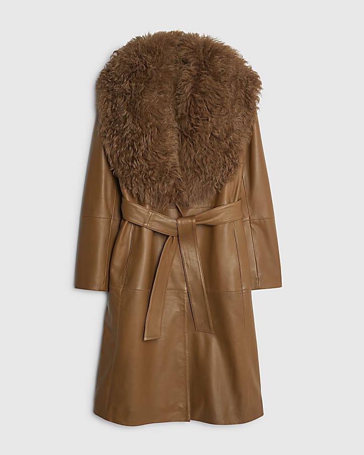river island Brown Shearling Collar Leather Coat
