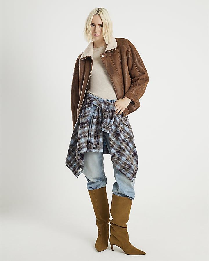 River Island Brown Shearling Trim Biker Jacket