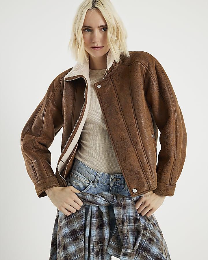 River Island Brown Shearling Trim Biker Jacket