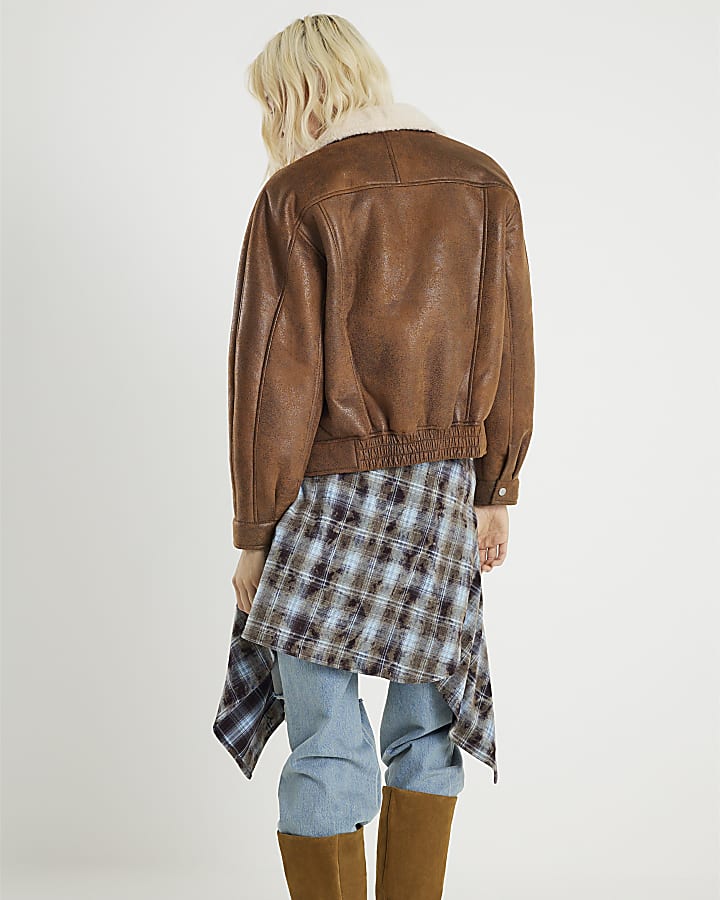 River Island Brown Shearling Trim Biker Jacket