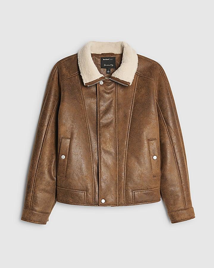 river island Brown Shearling Trim Biker Jacket