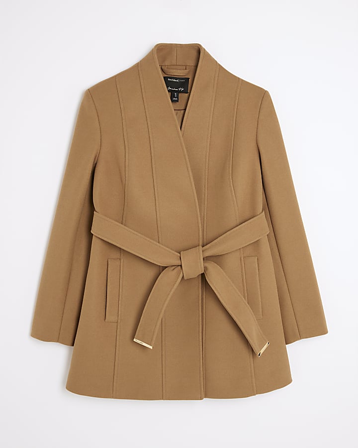river island Brown Short Belted Wrap Coat