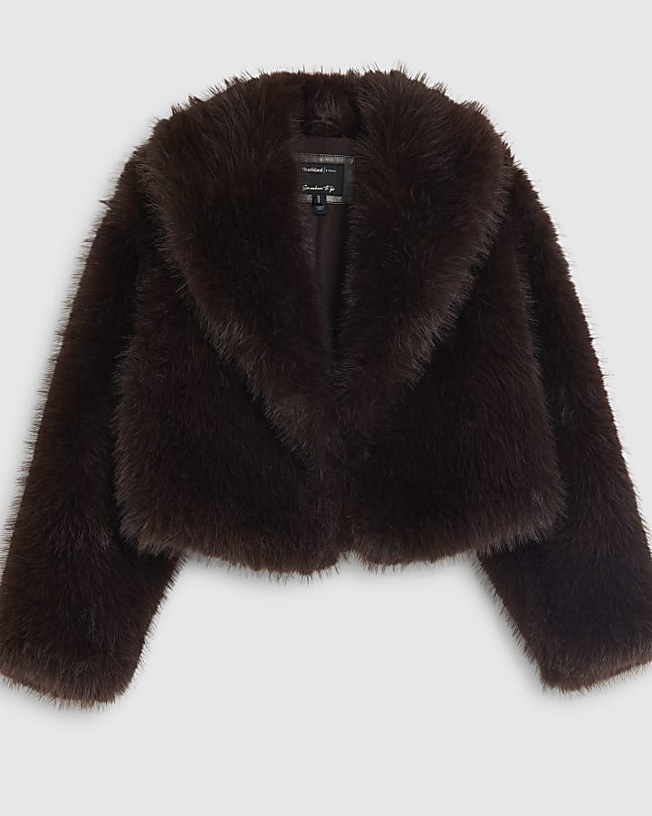 river island Brown Short Faux Fur Jacket