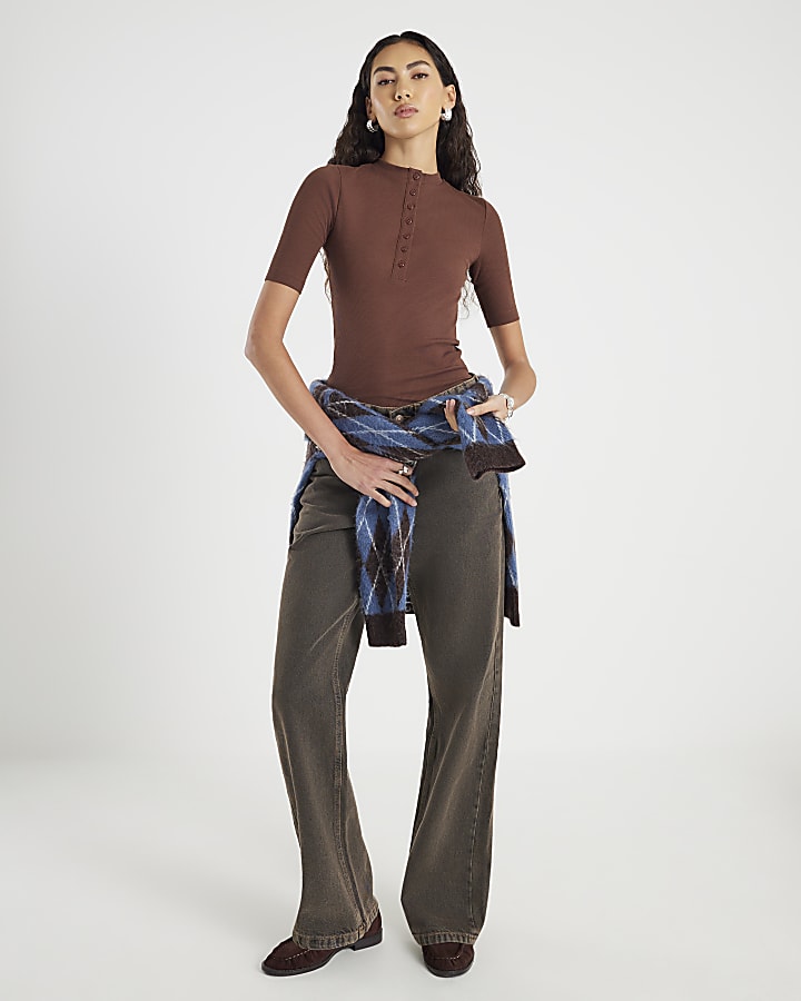 River Island Brown Short Sleeve Ribbed Top