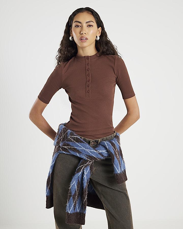 River Island Brown Short Sleeve Ribbed Top