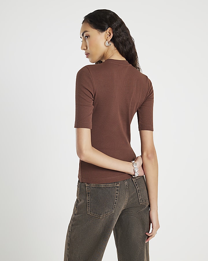 River Island Brown Short Sleeve Ribbed Top