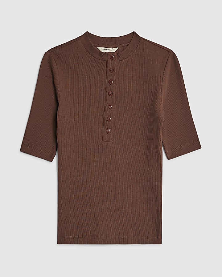river island Brown Short Sleeve Ribbed Top