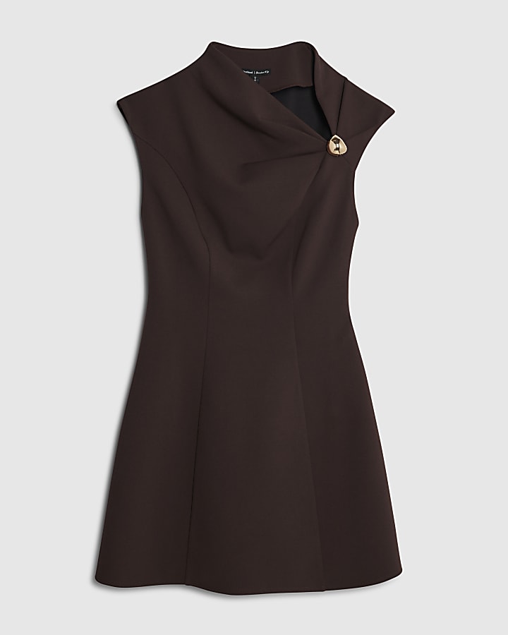 river island Brown Sleeveless Drape Mini Dress