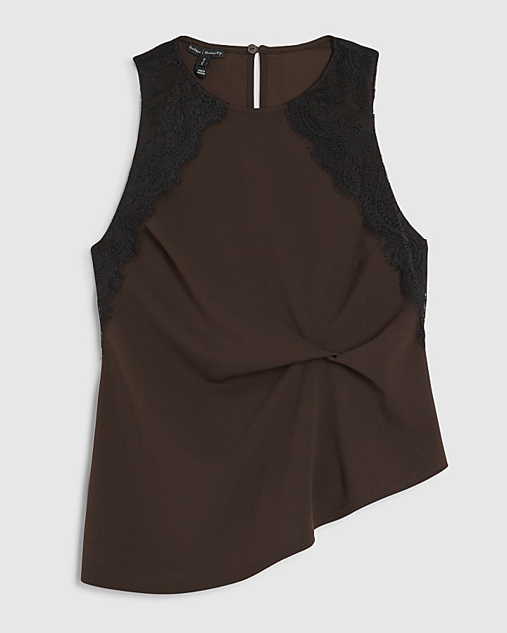 river island Brown Sleeveless Lace Trim Top