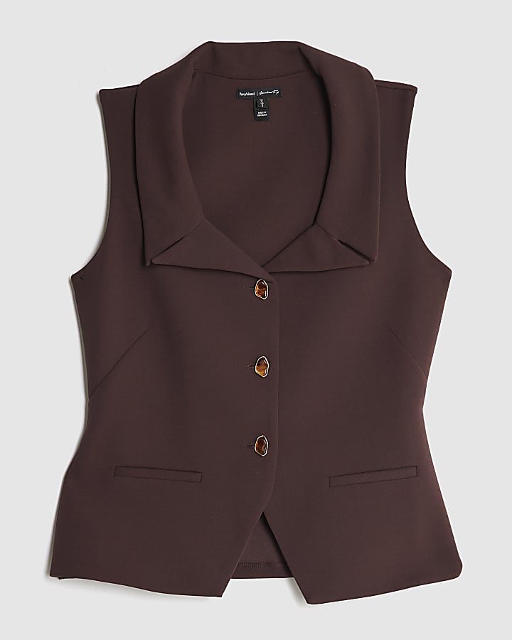 river island Brown Sleeveless Lapel Waistcoat