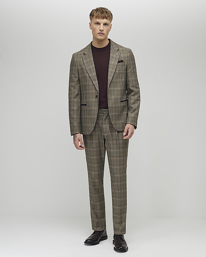 River Island Brown Slim Fit Check Suit Jacket