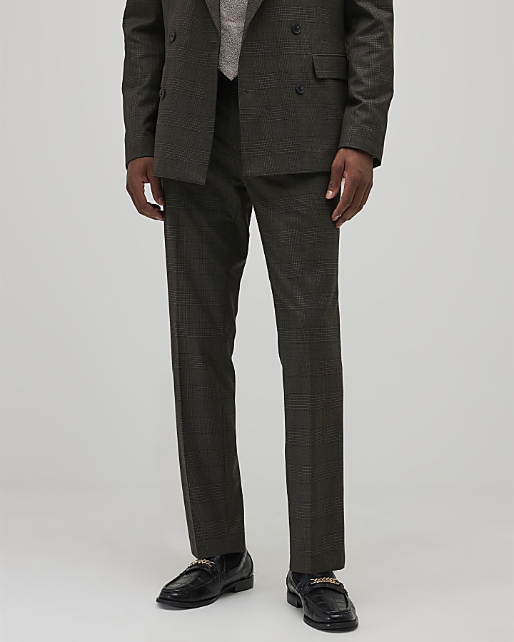 River Island Brown Slim Fit Check Suit Trousers