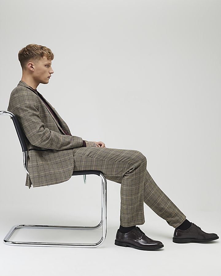 River Island Brown Slim Fit Check Suit Trousers