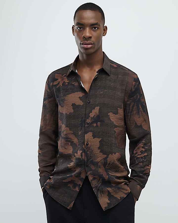 River Island Brown Slim Fit Floral Shirt