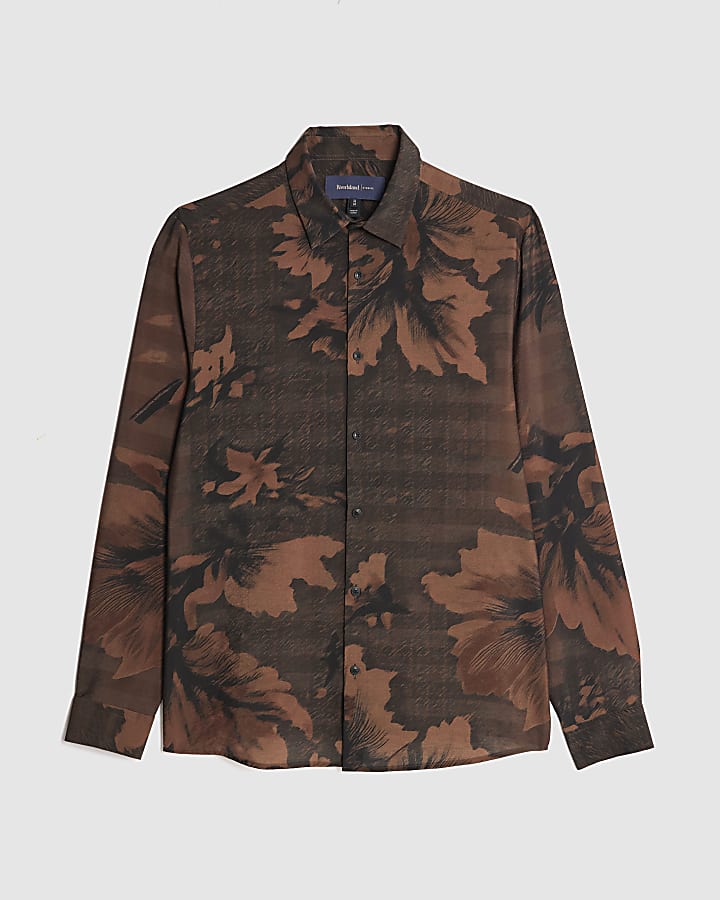 river island Brown Slim Fit Floral Shirt