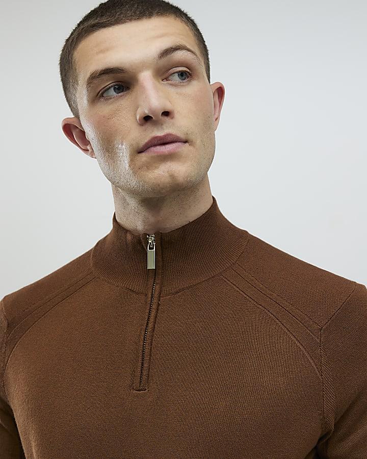 River Island Brown Slim Fit Half Zip Jumpers