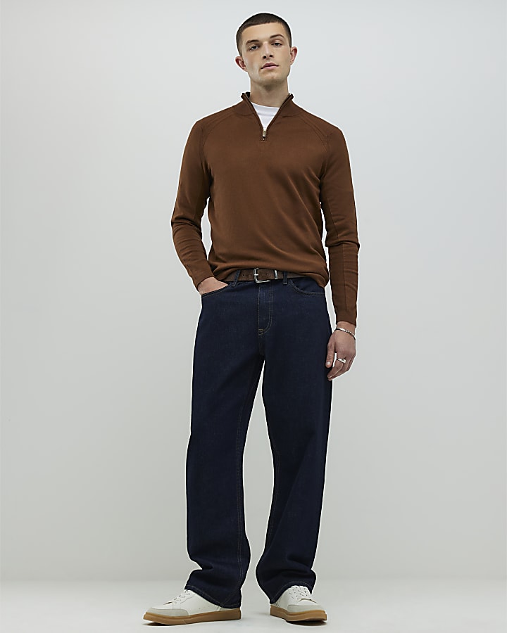River Island Brown Slim Fit Half Zip Jumpers