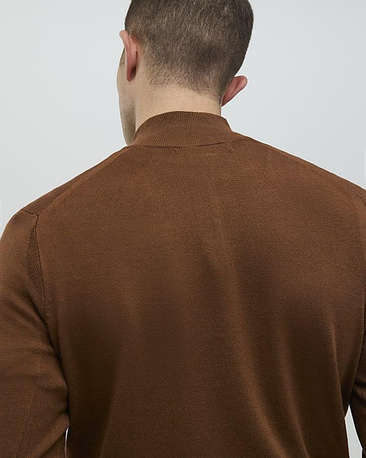 River Island Brown Slim Fit Half Zip Jumpers